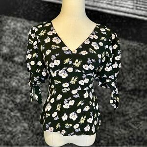 NWOT Moussy Black & Purple Pansy Floral Print V-Neck Tie-Back Top Size XS